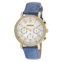   ASTRON 5540-9 divatos női karóra, chronograph, arany színű nemesacél tok, kék bőrszíj, fehér számlap, keményített ásványüveg, quartz szerkezet, cseppmentes vízállóság