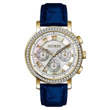 ASTRON 5540-9 divatos női karóra, chronograph, arany színű nemesacél tok, kék bőrszíj, fehér számlap, keményített ásványüveg, quartz szerkezet, cseppmentes vízállóság