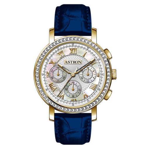 ASTRON 5540-9 divatos női karóra, chronograph, arany színű nemesacél tok, kék bőrszíj, fehér számlap, keményített ásványüveg, quartz szerkezet, cseppmentes vízállóság