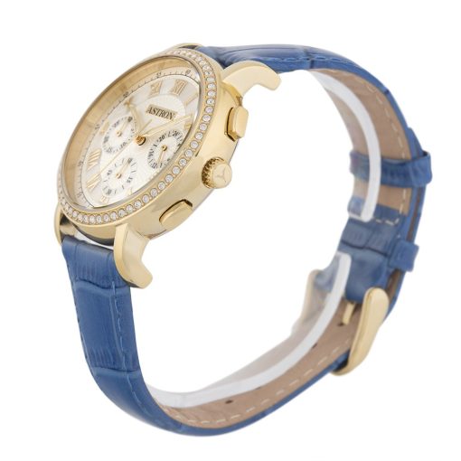 ASTRON 5540-9 divatos női karóra, chronograph, arany színű nemesacél tok, kék bőrszíj, fehér számlap, keményített ásványüveg, quartz szerkezet, cseppmentes vízállóság