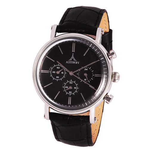 ASTRON 5544-1 extravagáns férfi karóra, chronograph, ezüst színű nemesacél tok, fekete bőrszíj, fekete számlap, keményített ásványüveg, quartz szerkezet, 50 m (5 ATM) vízállóság