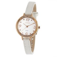 ASTRON 5548-0 női karóra, rózsaarany színű nemesacél tok, fehér bőrszíj, fehér számlap, keményített ásványüveg, quartz szerkezet, 50 m (5 ATM) vízállóság