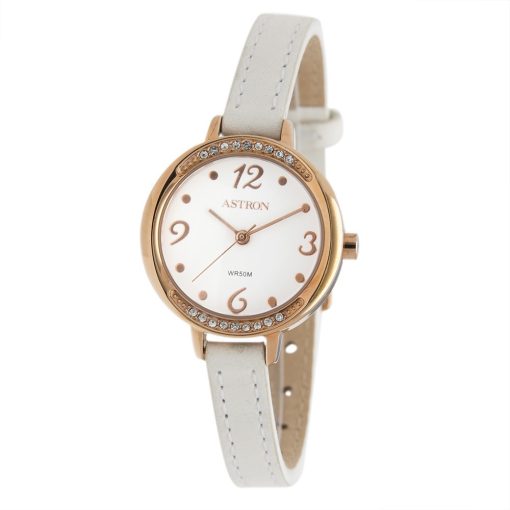 ASTRON 5548-0 női karóra, rózsaarany színű nemesacél tok, fehér bőrszíj, fehér számlap, keményített ásványüveg, quartz szerkezet, 50 m (5 ATM) vízállóság