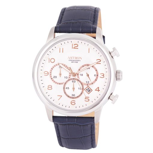 ASTRON 5550-2 elegáns férfi karóra, ezüst színű nemesacél tok, kék bőrszíj, ezüst színű számlap, keményített ásványüveg, chronograph quartz szerkezet, 100 m (10 ATM) vízállóság