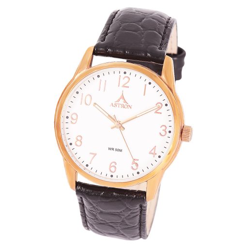 ASTRON 5552-0 férfi karóra, rózsaarany színű nemesacél tok, fekete bőrszíj, fehér számlap, keményített ásványüveg, quartz szerkezet, 50 m (5 ATM) vízállóság