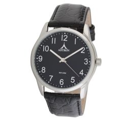   ASTRON 5552-1 férfi karóra, ezüst színű nemesacél tok, fekete bőrszíj, fekete számlap, keményített ásványüveg, quartz szerkezet, 50 m (5 ATM) vízállóság