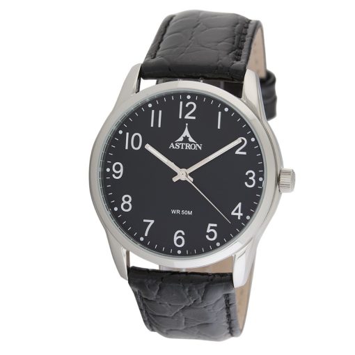 ASTRON 5552-1 férfi karóra, ezüst színű nemesacél tok, fekete bőrszíj, fekete számlap, keményített ásványüveg, quartz szerkezet, 50 m (5 ATM) vízállóság