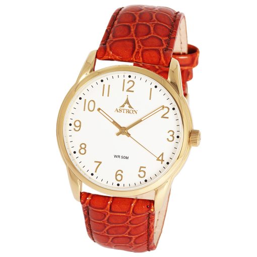 ASTRON 5552-8 férfi karóra, arany színű nemesacél tok, barna bőrszíj, arab számos fehér számlap, keményített ásványüveg, quartz szerkezet, 50 m (5 ATM) vízállóság