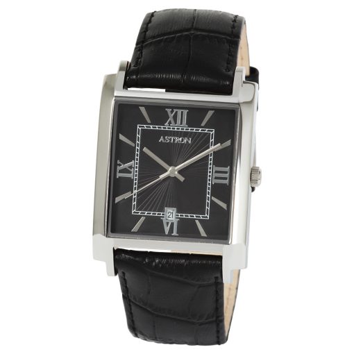 ASTRON 5553-1 férfi karóra, ezüst színű nemesacél tok, fekete bőrszíj, fekete római számos fekete, számlap, keményített ásványüveg, quartz szerkezet, 50 m (5 ATM) vízállóság