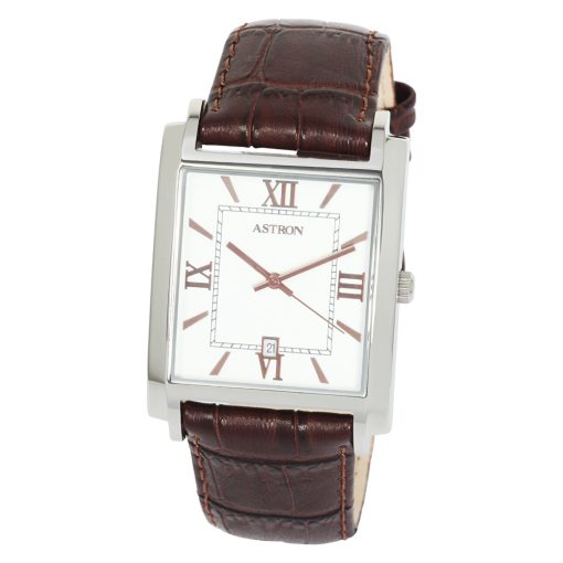 ASTRON 5553-7 férfi karóra, ezüst színű nemesacél tok, barna bőrszíj, fehér számlap, keményített ásványüveg, quartz szerkezet, 50 m (5 ATM) vízállóság
