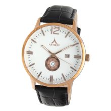 ASTRON 5554-0 férfi karóra, rózsaarany színű nemesacél tok, fekete bőrszíj, fehér számlap, keményített ásványüveg, multifunkciós quartz szerkezet, 50 m (5 ATM) vízállóság