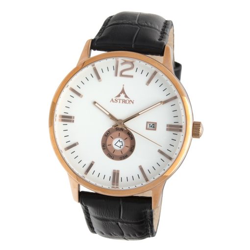 ASTRON 5554-0 férfi karóra, rózsaarany színű nemesacél tok, fekete bőrszíj, fehér számlap, keményített ásványüveg, multifunkciós quartz szerkezet, 50 m (5 ATM) vízállóság
