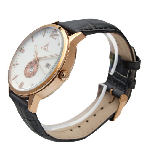 ASTRON 5554-0 férfi karóra, rózsaarany színű nemesacél tok, fekete bőrszíj, fehér számlap, keményített ásványüveg, multifunkciós quartz szerkezet, 50 m (5 ATM) vízállóság