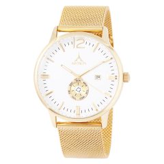   ASTRON 5554-5 elegáns férfi karóra, arany színű nemesacél tok, arany színű nemesacél csat, fehér számlap, keményített ásványüveg, multifunkciós quartz szerkezet, 50 m (5 ATM) vízállóság