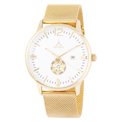 ASTRON 5554-5 elegáns férfi karóra, arany színű nemesacél tok, arany színű nemesacél csat, fehér számlap, keményített ásványüveg, multifunkciós quartz szerkezet, 50 m (5 ATM) vízállóság