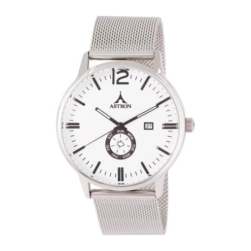 ASTRON 5554-6 elegáns férfi karóra, ezüst színű nemesacél tok, ezüst színű nemesacél csat, fehér számlap, keményített ásványüveg, multifunkciós quartz szerkezet, 50 m (5 ATM) vízállóság