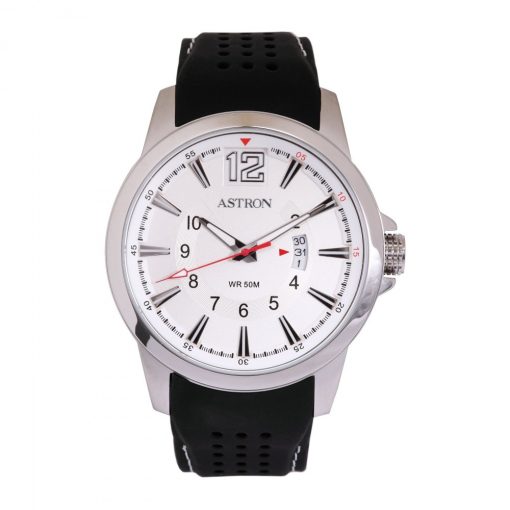 ASTRON 5555-7 férfi karóra, ezüst színű nemesacél tok, fekete szilikon szíj, fehér számlap, keményített ásványüveg, quartz szerkezet, 50 m (5 ATM) vízállóság