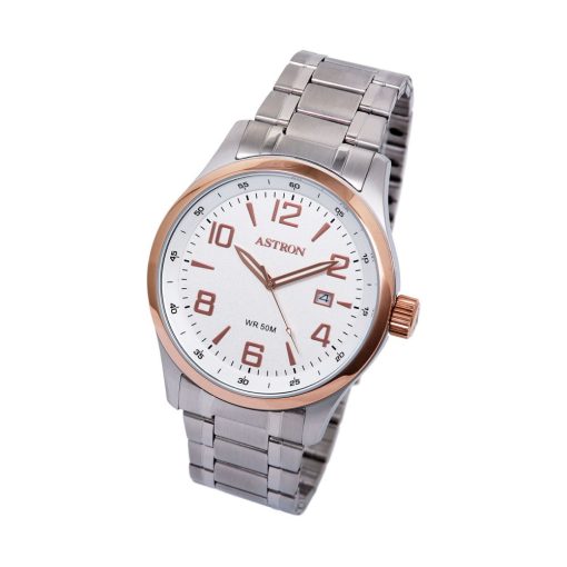 ASTRON 5557-8 férfi karóra, ezüst színű nemesacél tok, ezüst színű nemesacél csat, fehér számlap, keményített ásványüveg, quartz szerkezet, 50 m (5 ATM) vízállóság