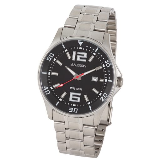 ASTRON 5558-1 sportos férfi karóra, ezüst színű nemesacél tok, ezüst színű nemesacél csat, fekete számlap, keményített ásványüveg, quartz szerkezet, 50 m (5 ATM) vízállóság