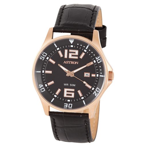 ASTRON 5558-4 férfi karóra, rózsaarany színű nemesacél tok, fekete bőrszíj, fekete számlap, keményített ásványüveg, quartz szerkezet, 50 m (5 ATM) vízállóság