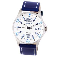 ASTRON 5558-6 sportos férfi karóra, ezüst színű nemesacél tok, kék bőrszíj, fehér számlap, keményített ásványüveg, quartz szerkezet, 50 m (5 ATM) vízállóság