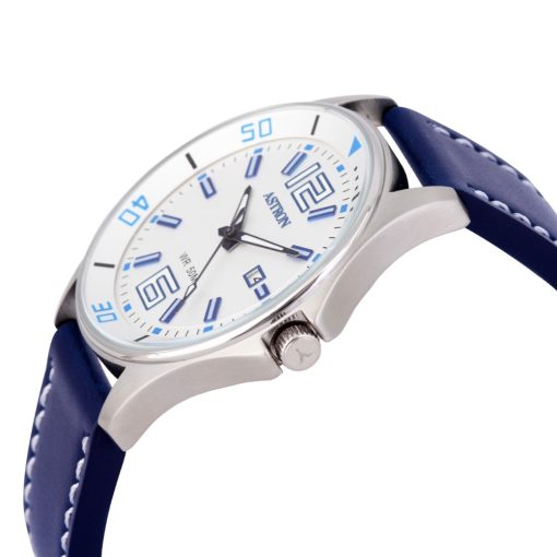 ASTRON 5558-6 sportos férfi karóra, ezüst színű nemesacél tok, kék bőrszíj, fehér számlap, keményített ásványüveg, quartz szerkezet, 50 m (5 ATM) vízállóság