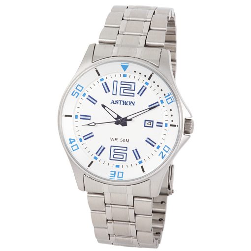 ASTRON 5558-7 sportos férfi karóra, ezüst színű nemesacél tok, ezüst színű nemesacél csat, fehér számlap, keményített ásványüveg, quartz szerkezet, 50 m (5 ATM) vízállóság