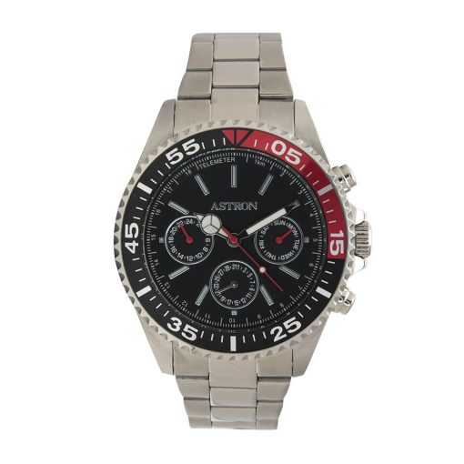 ASTRON 5560-1 férfi karóra, ezüst színű nemesacél tok, ezüst színű nemesacél csat, fekete számlap, keményített ásványüveg, multifunkciós quartz szerkezet, 50 m (5 ATM) vízállóság