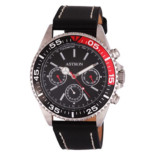 ASTRON 5560-5 sportos férfi karóra, ezüst színű nemesacél tok, fekete bőrszíj, fekete számlap, keményített ásványüveg, multifunkciós quartz szerkezet, 50 m (5 ATM) vízállóság