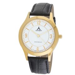   ASTRON 5566-0 férfi karóra, arany színű nemesacél tok, fekete bőrszíj, fehér számlap, keményített ásványüveg, quartz szerkezet, cseppmentes vízállóság