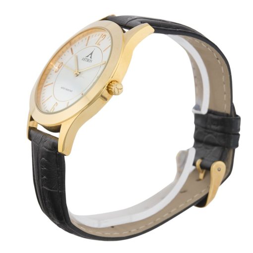 ASTRON 5566-0 férfi karóra, arany színű nemesacél tok, fekete bőrszíj, fehér számlap, keményített ásványüveg, quartz szerkezet, cseppmentes vízállóság