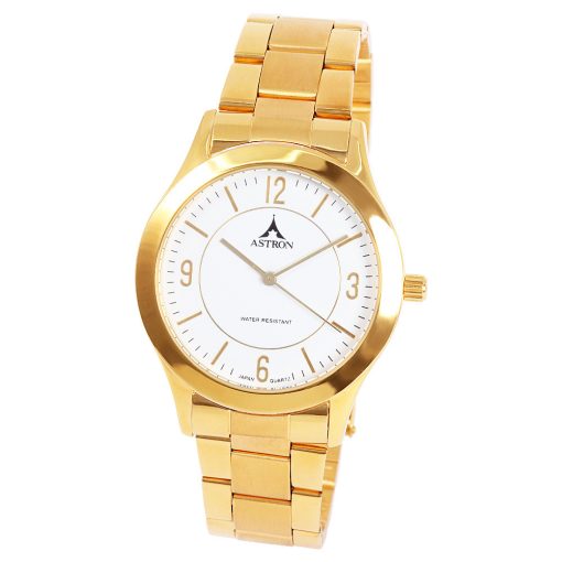 ASTRON 5567-0 férfi karóra, arany színű nemesacél tok, arany színű nemesacél csat, fehér számlap, keményített ásványüveg, quartz szerkezet, cseppmentes vízállóság