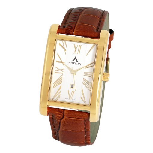 ASTRON 5568-0 férfi karóra, arany színű nemesacél tok, barna bőrszíj, római számos, ezüst színű számlap, keményített ásványüveg, quartz szerkezet, cseppmentes vízállóság