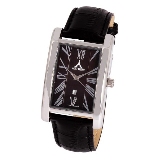 ASTRON 5568-1 férfi karóra, ezüst színű nemesacél tok, fekete bőrszíj, római számos, fekete számlap, keményített ásványüveg, quartz szerkezet, cseppmentes vízállóság