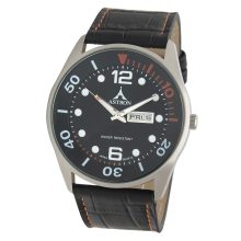 ASTRON 5570-1 férfi karóra, ezüst színű nemesacél tok, fekete bőrszíj, fekete számlap, keményített ásványüveg, quartz szerkezet, cseppmentes vízállóság
