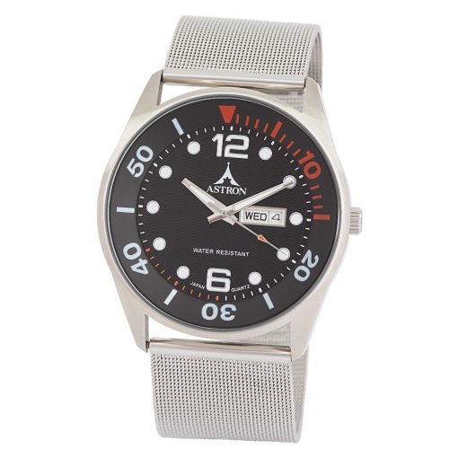 ASTRON 5570-4 férfi karóra, ezüst színű nemesacél tok, fekete bőrszíj, fekete számlap, keményített ásványüveg, quartz szerkezet, cseppmentes vízállóság