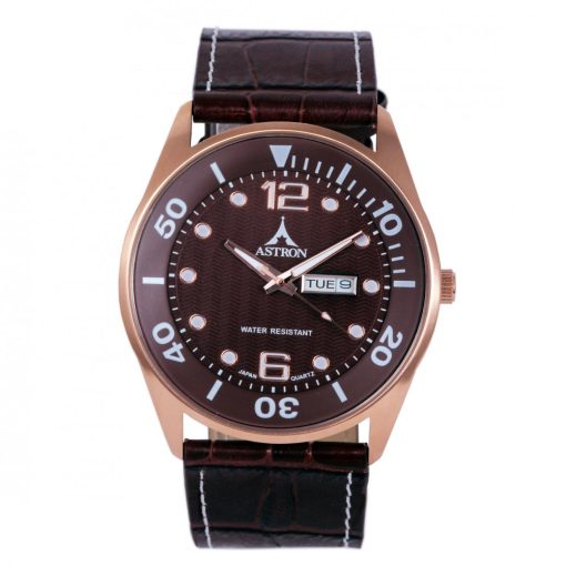 ASTRON 5570-6 férfi karóra, rózsaarany színű nemesacél tok, barna bőrszíj, barna számlap, keményített ásványüveg, quartz szerkezet, cseppmentes vízállóság
