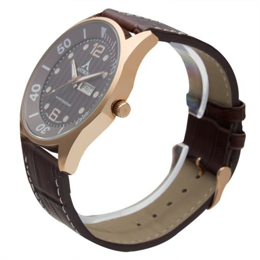 ASTRON 5570-6 férfi karóra, rózsaarany színű nemesacél tok, barna bőrszíj, barna számlap, keményített ásványüveg, quartz szerkezet, cseppmentes vízállóság