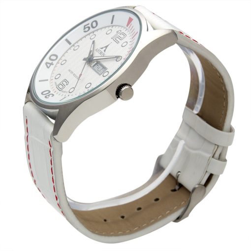 ASTRON 5570-7 férfi karóra, ezüst színű nemesacél tok, fehér bőrszíj, fehér számlap, keményített ásványüveg, quartz szerkezet, cseppmentes vízállóság