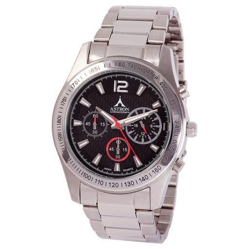 ASTRON 5571-1 férfi karóra, ezüst színű nemesacél tok, ezüst színű nemesacél csat, fekete számlap, keményített ásványüveg, chronograph quartz szerkezet, cseppmentes vízállóság