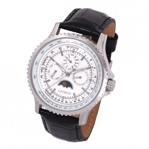 ASTRON 5590-7 férfi karóra, ezüst színű nemesacél tok, fekete bőrszíj, fehér számlap, keményített ásványüveg, quartz szerkezet, 50 m (5 ATM) vízállóság