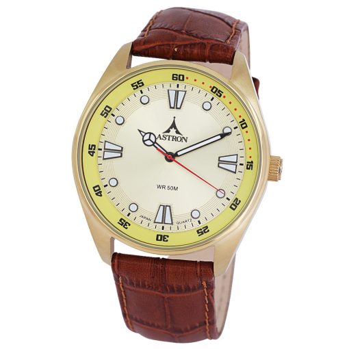 ASTRON 5594-5 sportos férfi karóra, arany színű nemesacél tok, barna színű bőrszíj, pezsgőszínű számlap, keményített ásványüveg, quartz szerkezet, 50 m (5 ATM) vízállóság