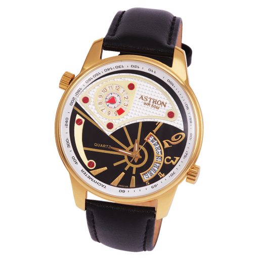 ASTRON 5604-0 férfi karóra, arany színű nemesacél tok, fekete bőrszíj, extravagáns számlap, keményített ásványüveg, multifunkciós quartz szerkezet, 50 m (5 ATM) vízállóság