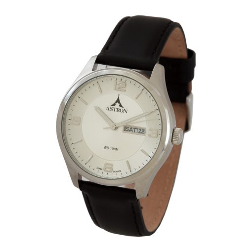 ASTRON 5614-8 férfi karóra, ezüst színű nemesacél tok, fekete bőrszíj, fehér számlap, keményített ásványüveg, quartz szerkezet, 100 m (10 ATM) vízállóság