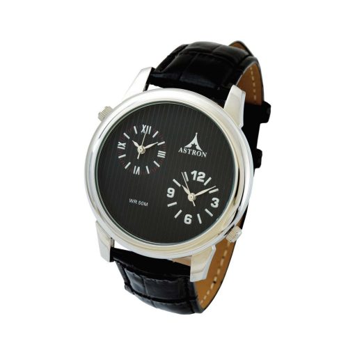 ASTRON 5619-1 férfi karóra, ezüst színű nemesacél tok, fekete bőrszíj, fekete számlap, keményített ásványüveg, quartz szerkezet, 50 m (5 ATM) vízállóság