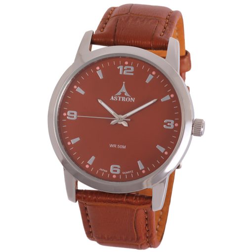 ASTRON 5631-6 elegáns férfi karóra, ezüst színű nemesacél tok, barna bőrszíj, barna számlap, keményített ásványüveg, quartz szerkezet, 50 m (5 ATM) vízállóság