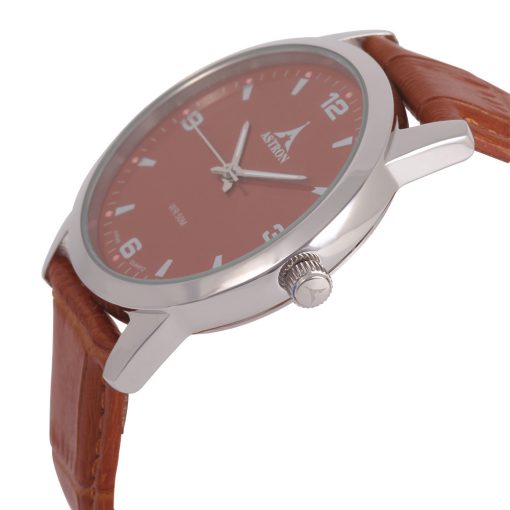 ASTRON 5631-6 elegáns férfi karóra, ezüst színű nemesacél tok, barna bőrszíj, barna számlap, keményített ásványüveg, quartz szerkezet, 50 m (5 ATM) vízállóság