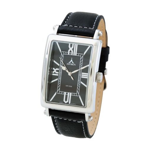 ASTRON 5632-1 férfi karóra, ezüst színű nemesacél tok, fekete bőrszíj, fekete számlap, keményített ásványüveg, quartz szerkezet, 50 m (5 ATM) vízállóság