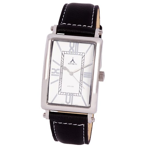 ASTRON 5632-7 elegáns férfi karóra, ezüst színű nemesacél tok, fekete bőrszíj, fehér számlap, keményített ásványüveg, quartz szerkezet, 50 m (5 ATM) vízállóság