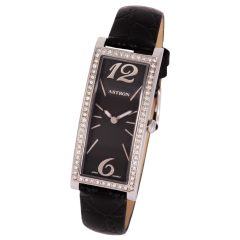   ASTRON 5637-1 női karóra, ezüst színű nemesacél tok, fekete bőrszíj, fekete számlap, keményített ásványüveg, quartz szerkezet, cseppmentes vízállóság